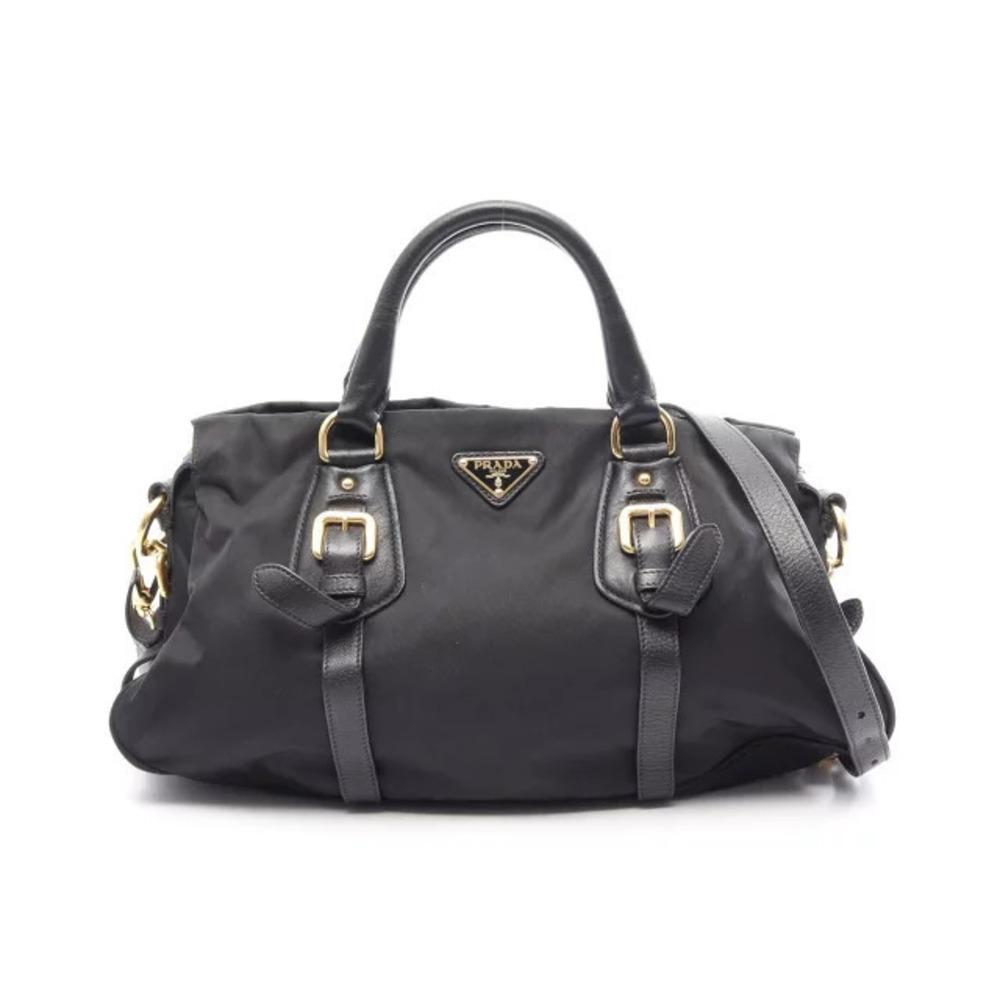 Prada TESSUTO CALF Triangle Plate Handbag Leather Black